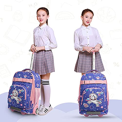 Kids Rolling Backpack for Girls, 18 Inch Wheeled Trolley School Backpack with Lunch Bag Pencil Case, 3 IN 1 Bookbag Set School Kids Trolley Travel Trip Luggage (Purple)