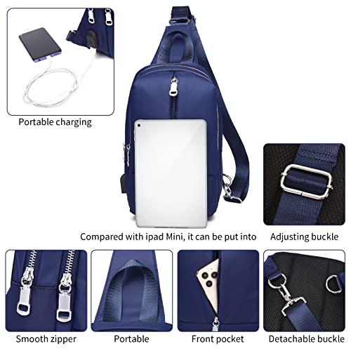 Crossbody Backpack For Men Waterproof Sling Bag With Usb Charger Port Cross Chest Shoulder Daypack Hiking Travel Body Bag Mens (Blue)