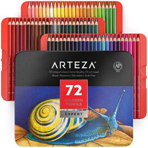 arteza colored pencils, 72 professional drawing pencils, soft wax-based cores, art supplies for sketching, shading, vibrant coloring pencils for beginners & pro in tin box