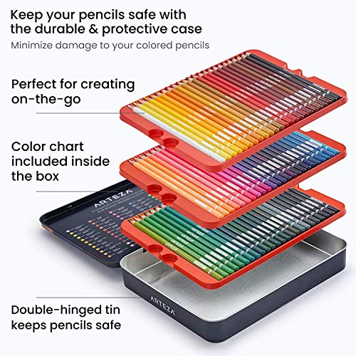 Arteza Colored Pencils, 72 Professional Drawing Pencils, Soft Wax-Based Cores, Art Supplies for Sketching, Shading, Vibrant Coloring Pencils for Beginners & Pro in Tin Box