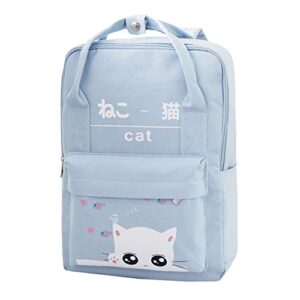 women girls japanese and korean style bags cute cat canvas school backpack (blue)