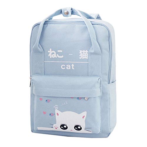 Women Girls Japanese And Korean Style Bags Cute Cat Canvas School Backpack (Blue)