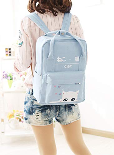 Women Girls Japanese And Korean Style Bags Cute Cat Canvas School Backpack (Blue)