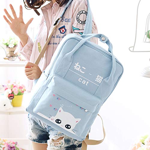 Women Girls Japanese And Korean Style Bags Cute Cat Canvas School Backpack (Blue)