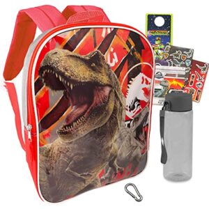fast forward jurassic world backpack for boys, kids – 5 pc bundle with 16″ jurassic world school backpack bag, water bottle, stickers, backpack clip, and more (jurassic park school supplies)