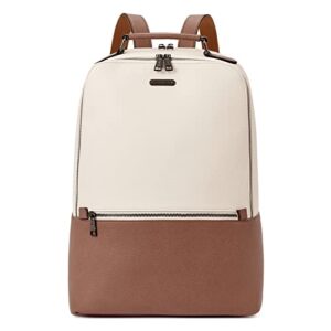 cluci women leather laptop backpack purse 15.6 inch computer backpack business casual travel daypack college bag off-white with brown