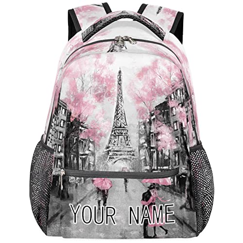 TropicalLife Eiffel Tower Custom Backpack, Pink Cherry Blossom Paris Personalized Backpacks with Name Bookbag Shoulder School Computer Hiking Gym Travel Casual Daypack