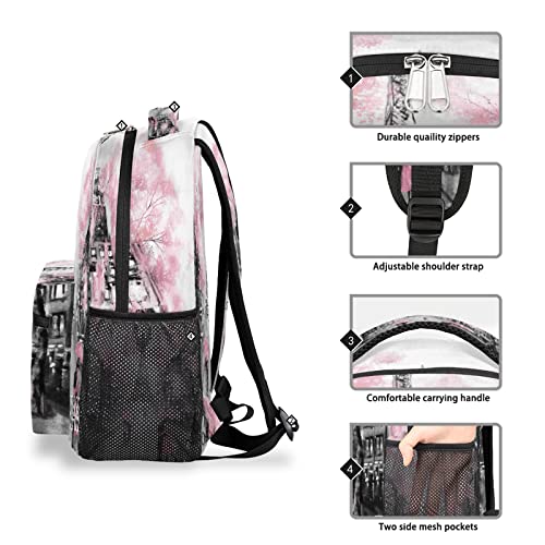 TropicalLife Eiffel Tower Custom Backpack, Pink Cherry Blossom Paris Personalized Backpacks with Name Bookbag Shoulder School Computer Hiking Gym Travel Casual Daypack