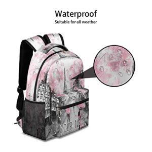 TropicalLife Eiffel Tower Custom Backpack, Pink Cherry Blossom Paris Personalized Backpacks with Name Bookbag Shoulder School Computer Hiking Gym Travel Casual Daypack