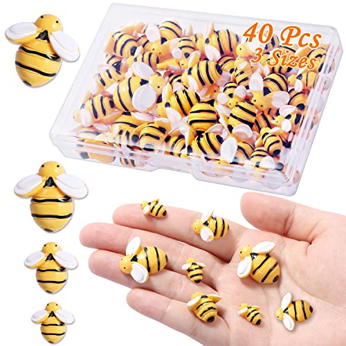 MIKIMIQI 40 Pcs Tiny Resin Bees Decor Bumble Bee Embellishment Resin Bees Craft Decorations with Storage Box for DIY Craft Wreath Scrapbooking Party Home Decor, 0.98 in, 0.74 in, 0.55 in