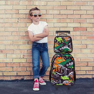 3PCS Kids Rolling Backpack for Boys, Dinosaur Roller Wheeled Bookbag Toddler Elementary School Bag with Wheels