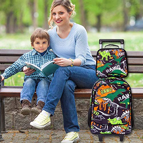 3PCS Kids Rolling Backpack for Boys, Dinosaur Roller Wheeled Bookbag Toddler Elementary School Bag with Wheels