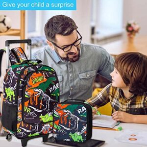 3PCS Kids Rolling Backpack for Boys, Dinosaur Roller Wheeled Bookbag Toddler Elementary School Bag with Wheels