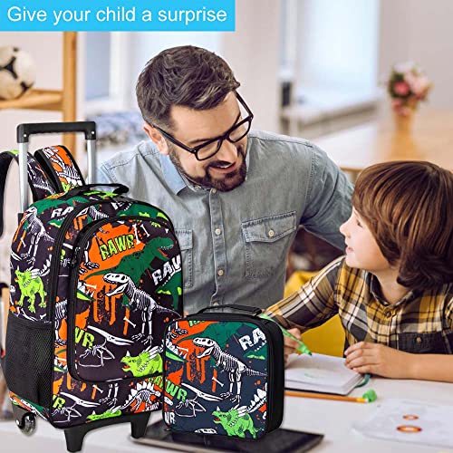 3PCS Kids Rolling Backpack for Boys, Dinosaur Roller Wheeled Bookbag Toddler Elementary School Bag with Wheels