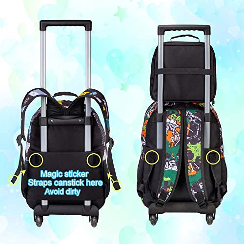 3PCS Kids Rolling Backpack for Boys, Dinosaur Roller Wheeled Bookbag Toddler Elementary School Bag with Wheels