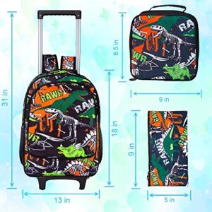 3PCS Kids Rolling Backpack for Boys, Dinosaur Roller Wheeled Bookbag Toddler Elementary School Bag with Wheels