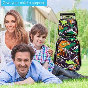 3PCS Kids Rolling Backpack for Boys, Dinosaur Roller Wheeled Bookbag Toddler Elementary School Bag with Wheels