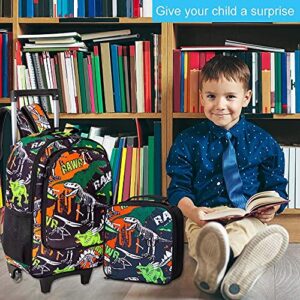 3PCS Kids Rolling Backpack for Boys, Dinosaur Roller Wheeled Bookbag Toddler Elementary School Bag with Wheels