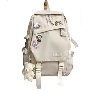 mysnku school backpack for girls women ladies backpack school bag bookbag set with plush toy for teen girl (beige)