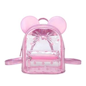 little girls mini clear backpack cute ears with glitter polka dots bow transparent daypack see-thru backpack (pink)