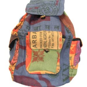 DharmaObjects Lungta Recycled Jute Rice Bag Backpack Hand Made Nepal Multi Color