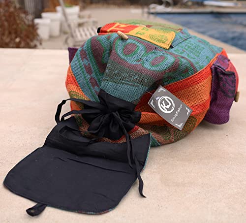 DharmaObjects Lungta Recycled Jute Rice Bag Backpack Hand Made Nepal Multi Color