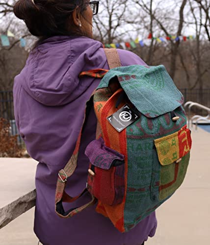 DharmaObjects Lungta Recycled Jute Rice Bag Backpack Hand Made Nepal Multi Color