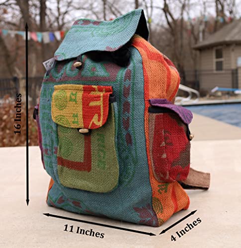DharmaObjects Lungta Recycled Jute Rice Bag Backpack Hand Made Nepal Multi Color