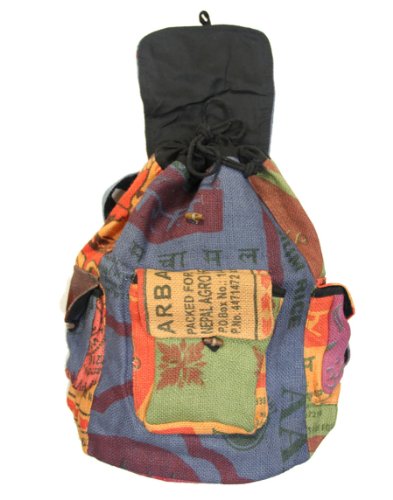 DharmaObjects Lungta Recycled Jute Rice Bag Backpack Hand Made Nepal Multi Color