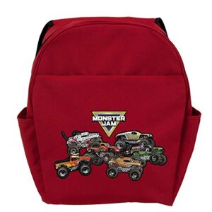 Monster Jam Freestyle Personalized Backpack with Custom Name Printed on Red Book Bag | Zippered Compartments and Side Water Bottle Pockets | Toddler Size School Bag