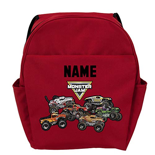 Monster Jam Freestyle Personalized Backpack with Custom Name Printed on Red Book Bag | Zippered Compartments and Side Water Bottle Pockets | Toddler Size School Bag