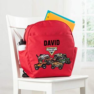 Monster Jam Freestyle Personalized Backpack with Custom Name Printed on Red Book Bag | Zippered Compartments and Side Water Bottle Pockets | Toddler Size School Bag