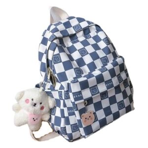 kawaii plaid mini backpack with plush bear pendant for girl small medium school bag (light blue)