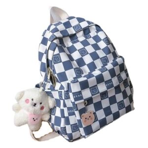 Kawaii Plaid Mini Backpack with Plush Bear Pendant for Girl Small Medium School Bag (Light Blue)