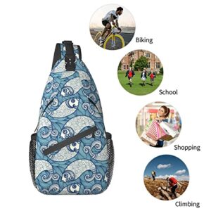 Japanese Wave With Fish Crossbody Sling Backpack For Men Women,Shoulder Chest Daypack Bag For Travel Hiking