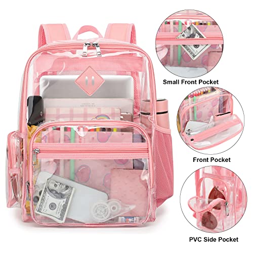 Fuyicat Heavy Duty Clear Backpack for Girls Boys Women Men, PVC Transparent School Backpacks See Through College Bookbag (Pink)