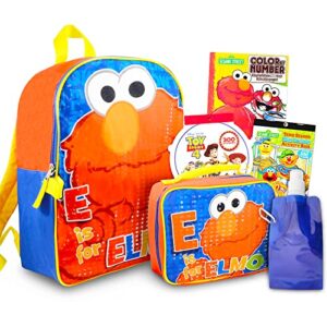 sesame street kids elmo backpack with lunch box ~ 6 pc bundle with 16 elmo school bag for boys, girls, kids, elmo lunch box, cars water pouch, and more (elmo school supplies)