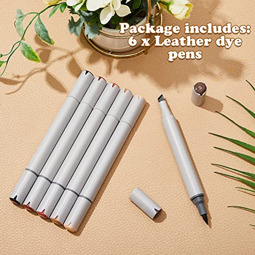 6 Pack Dual Tip Leather Dye Marker Pens Leather Touch up Pen Shoe Marker Leather Flow Leather Marking Pen for Furniture Scratches Shoe Repair Kit Paint Marking, 6 Colors