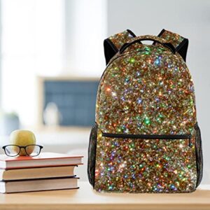 Student Backpack Boys Girls School Bag 16inch Laptop Backpack Gold Glam Faux Glitter Backpack Bag Travel Camping Casual Daypack Bag for Men Women