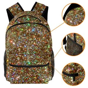 Student Backpack Boys Girls School Bag 16inch Laptop Backpack Gold Glam Faux Glitter Backpack Bag Travel Camping Casual Daypack Bag for Men Women