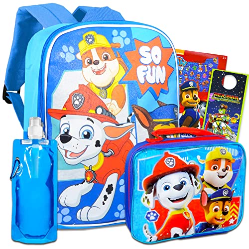 Nick Shop Paw Patrol School Backpack With Lunch Box For Kids, Boys ~ 5 Pc Bundle With 15'' Paw Patrol School Bag, Water Pouch , 300 Stickers, And More | Paw Patrol School Supplies