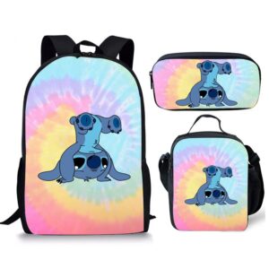 17 inch cartoon backpack girl stitch daypack teens bookbag with travel bag, lunchbag, pencilbox for boy college office picnic travel
