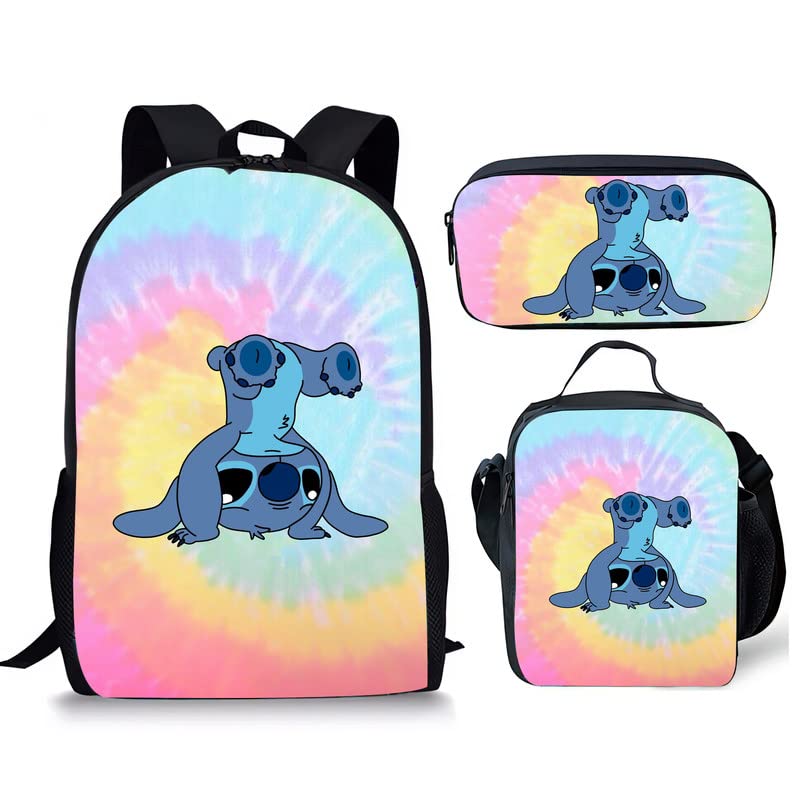 17 Inch Cartoon Backpack Girl Stitch Daypack Teens Bookbag with Travel Bag, Lunchbag, Pencilbox for Boy College Office Picnic Travel