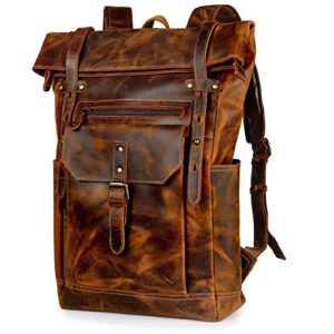 g-favor leather backpack for men women vintage laptop backpack for school college business travel, 15.6” laptop bag