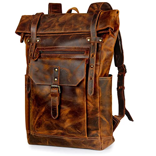 G-FAVOR Leather Backpack for Men Women Vintage Laptop Backpack for School College Business Travel, 15.6'' Laptop Bag