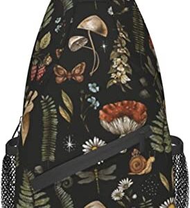 Sling Bag Vintage Magic Mushroom Leaf Forest Hiking Daypack Crossbody Shoulder Backpack Travel Chest Pack for Men Women