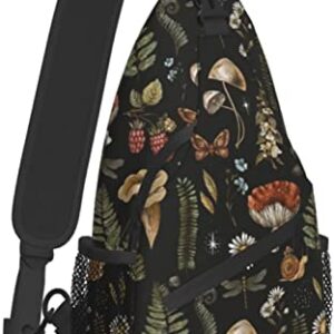 Sling Bag Vintage Magic Mushroom Leaf Forest Hiking Daypack Crossbody Shoulder Backpack Travel Chest Pack for Men Women