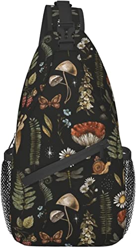 Sling Bag Vintage Magic Mushroom Leaf Forest Hiking Daypack Crossbody Shoulder Backpack Travel Chest Pack for Men Women