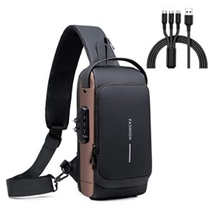 LELEBEAR Anti Theft Sling Bag, USB Charging Sport Sling Anti-Theft Shoulder Bag, Crossbody Bags Chest Daypack (Black & Brown)