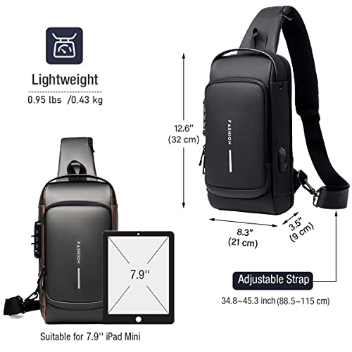 LELEBEAR Anti Theft Sling Bag, USB Charging Sport Sling Anti-Theft Shoulder Bag, Crossbody Bags Chest Daypack (Black & Brown)